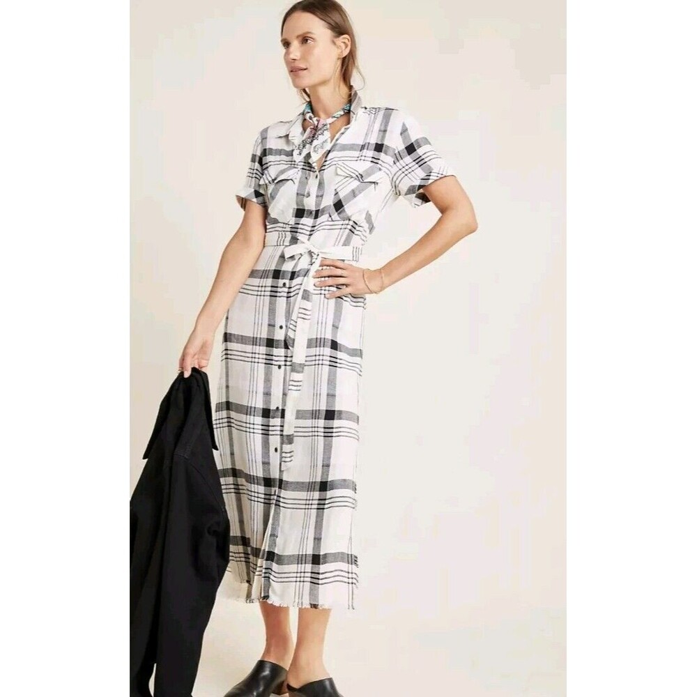 Cloth and Stone Small Anthropologie Hannah Plaid Linen Midi Shirt Dress Women #2